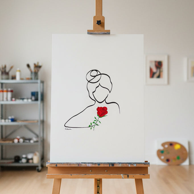 Frauenportrait mit Blume gezeichnet aus einer Linie von Judith Clara