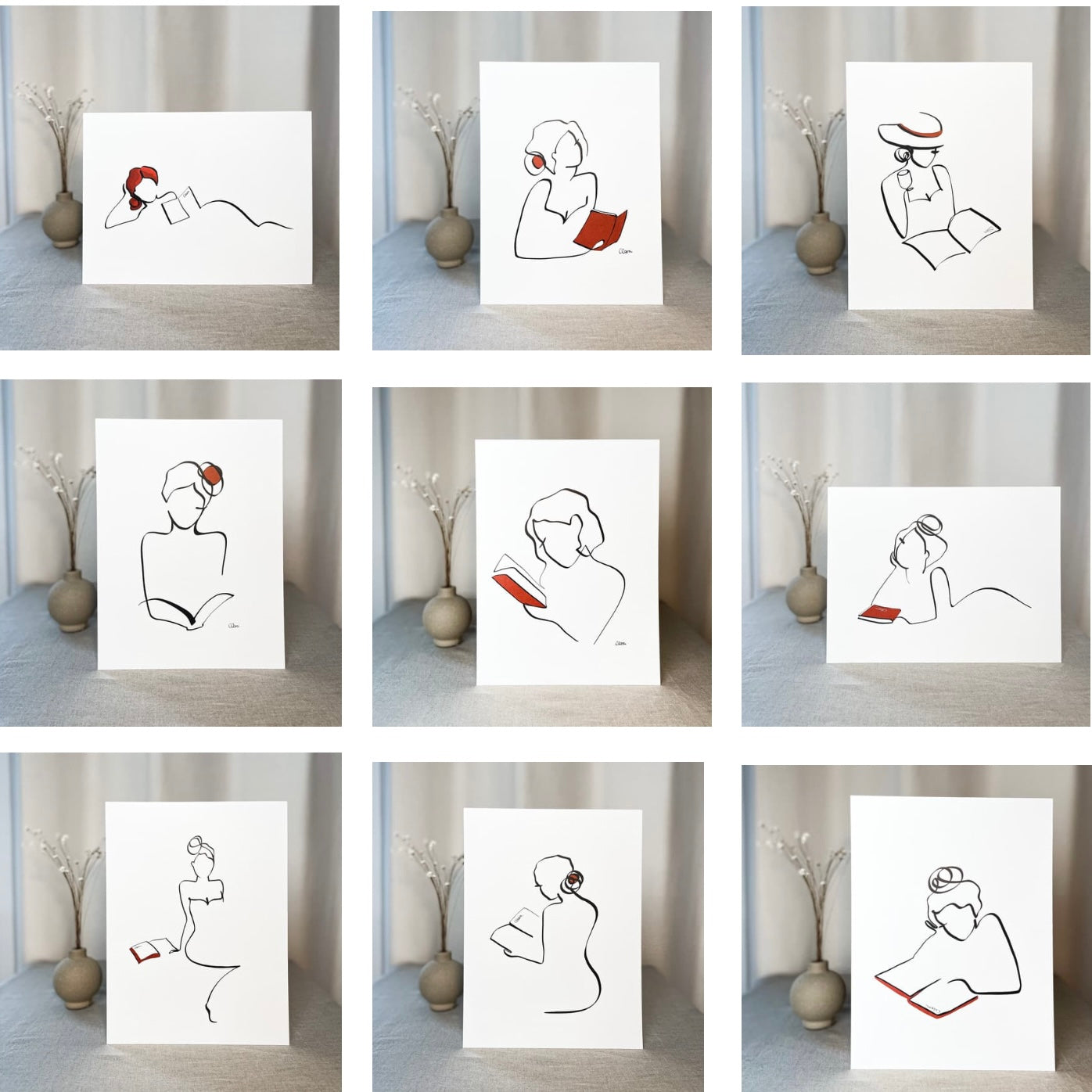Frauen und Bücher 9er Set | Die gesamte Reihe von Judith Clara-Kunstdruck-JUDITH CLARA-30x40 cm (zartweiß) Papier 300g-one-line-art
