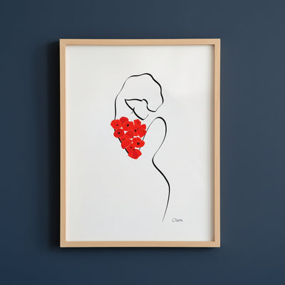 Frauenportrait mit Mohnblumen minimalistisch