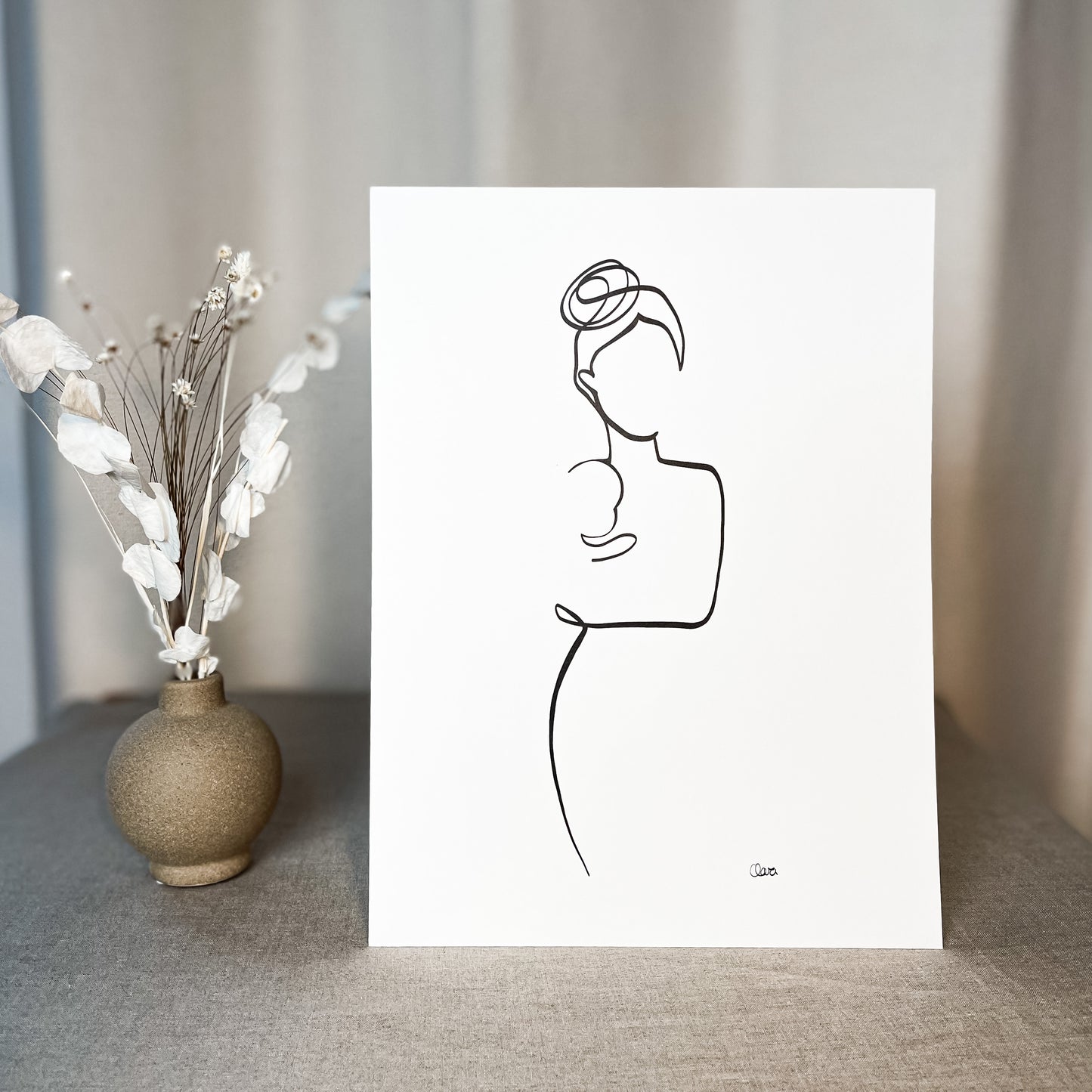 Mutter und Kind Nr. 5-Leinwand-JUDITH CLARA-30x40 cm (zartweiß) Papier 300g-one-line-art