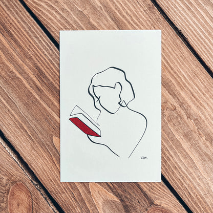 Frauen und Bücher Nr. 1-Kunstdruck-JUDITH CLARA-10x15 cm *Limited* (creme weiß) Papier 300g-one-line-art