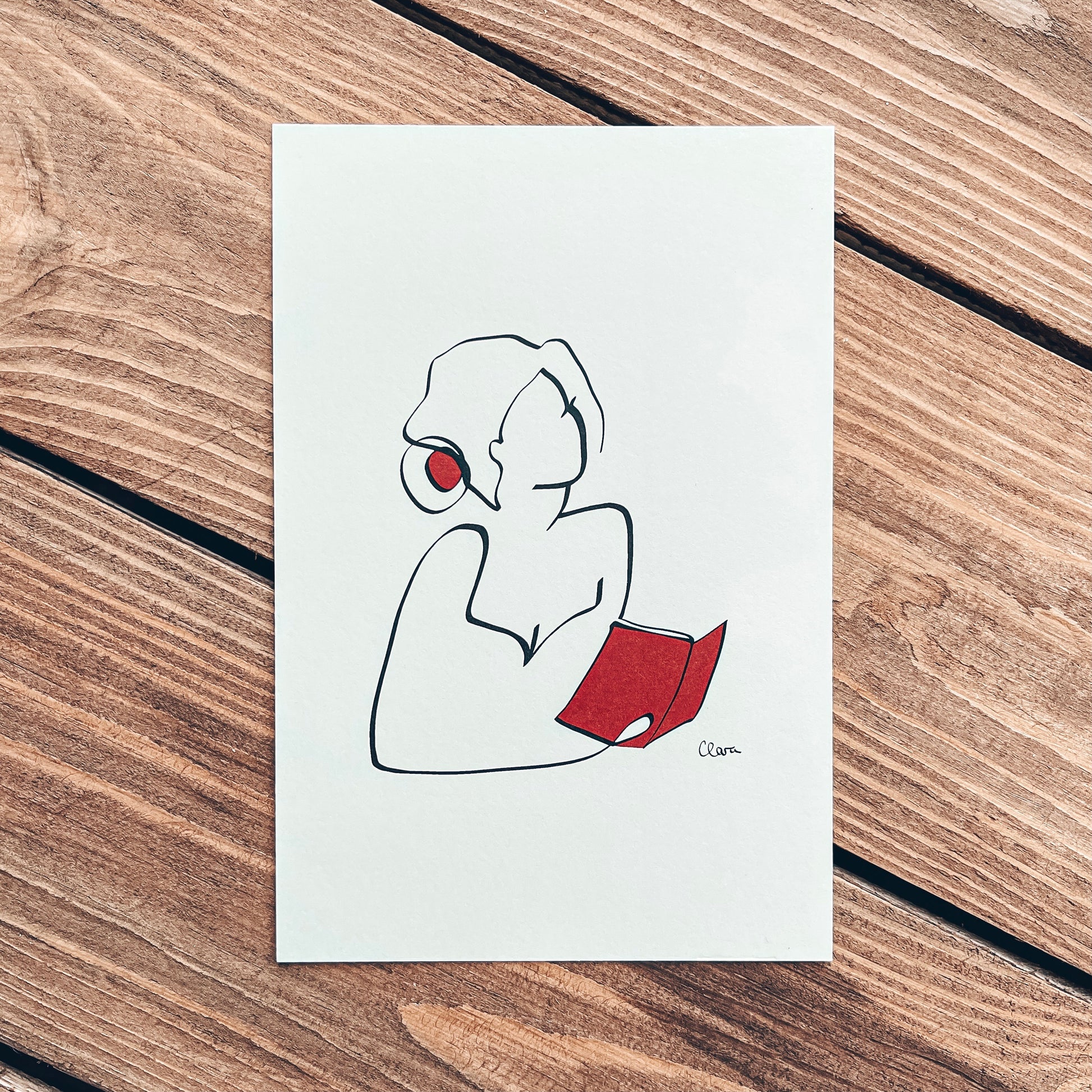 Frauen und Bücher Nr. 6-Kunstdruck-JUDITH CLARA-10x15 cm *Limited* (creme weiß) Papier 300g-one-line-art