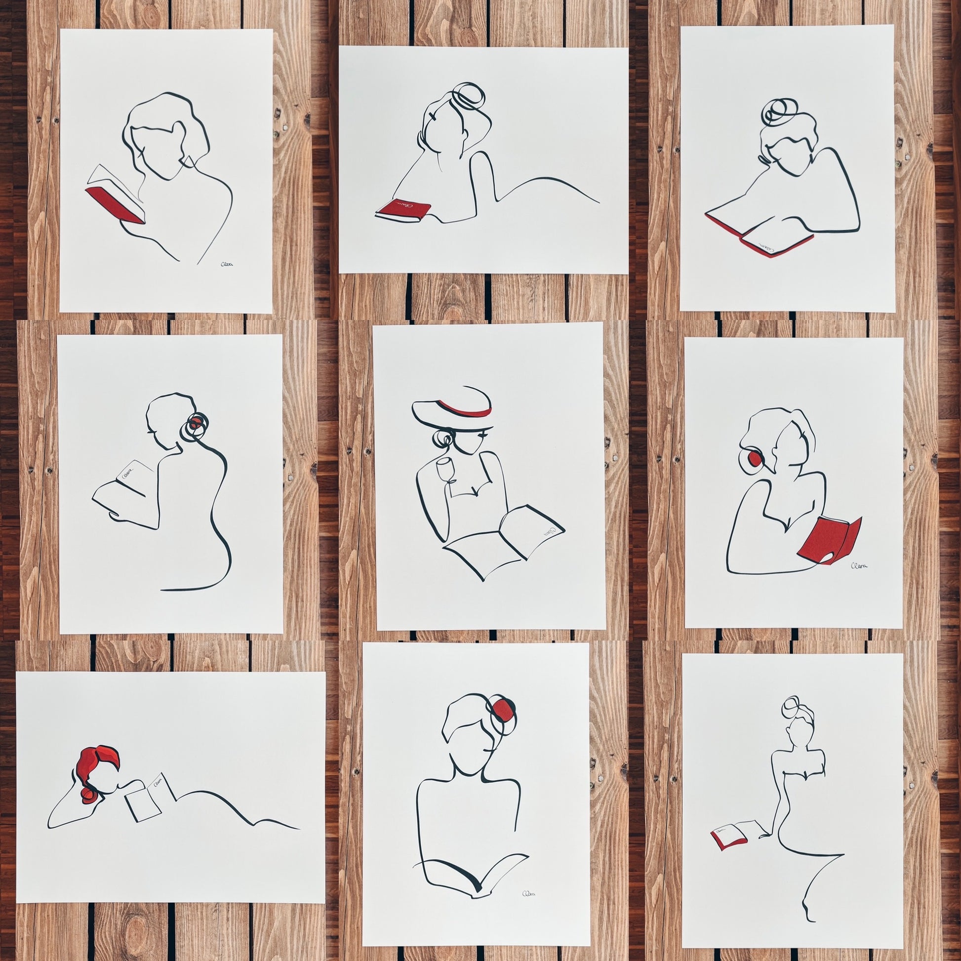 Frauen und Bücher 9er Set | Die gesamte Reihe von Judith Clara-Kunstdruck-JUDITH CLARA-30x40cm *Limited* (creme weiß) Papier 300g-one-line-art