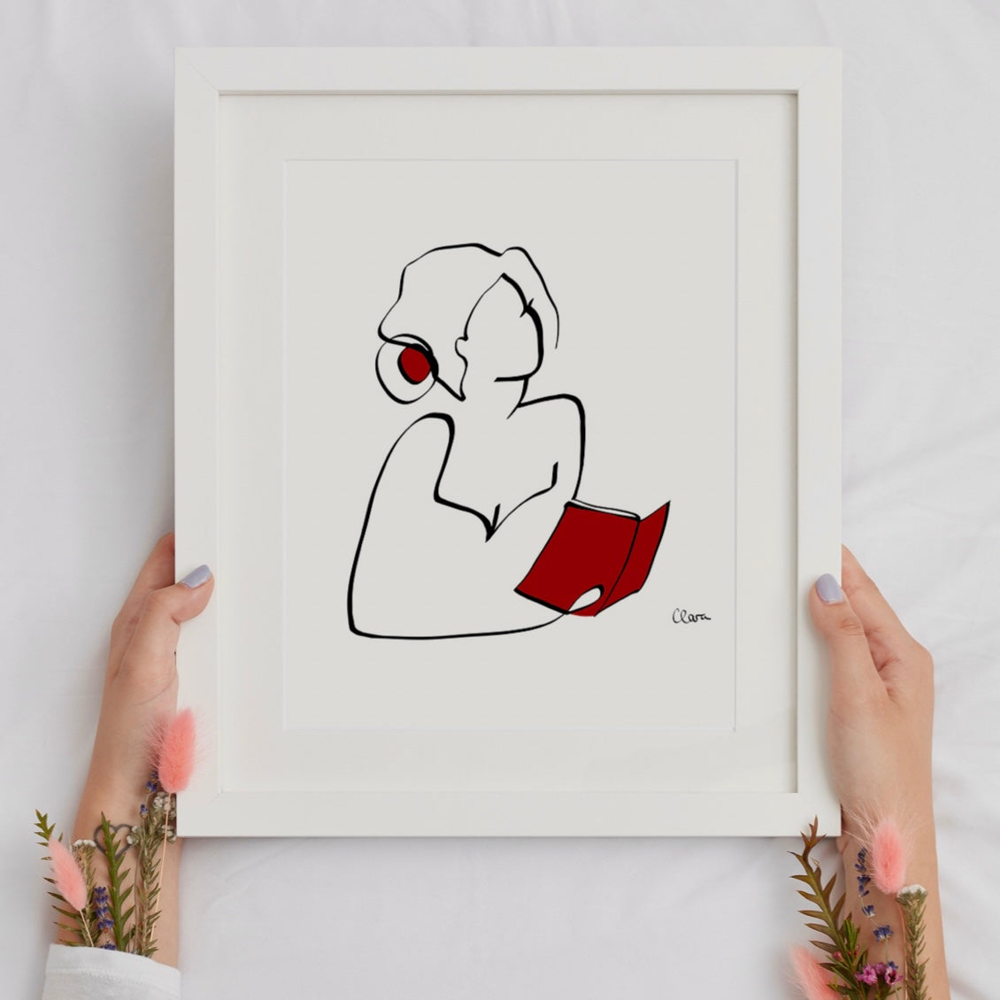 Frauen und Bücher Nr. 6-Kunstdruck-JUDITH CLARA-30x40 cm (zartweiß) Papier 300g-one-line-art